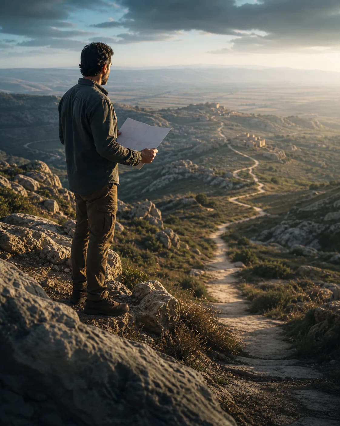 Homem observa o caminho à frente com um mapa nas mãos