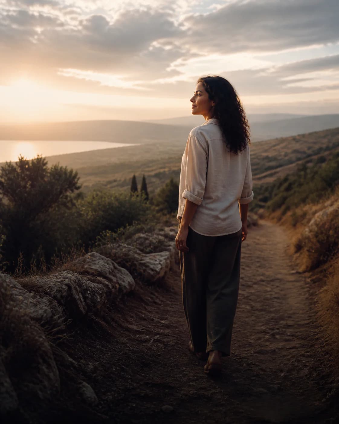 Mulher inicia um caminho ao amanhecer